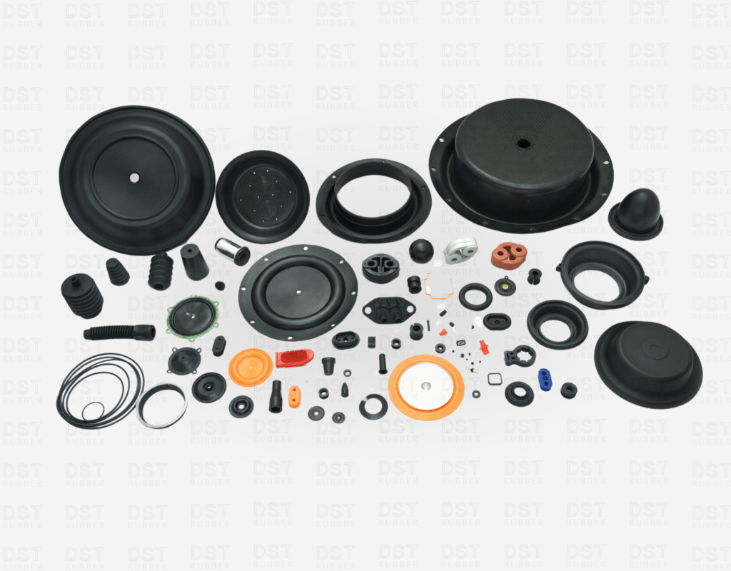 Custom rubber components for automotive, pharma, industrial, pneumatic, and oil & gas applications – including diaphragms, O-rings, seals, gaskets, bellows, and precision-molded parts by DST Rubber