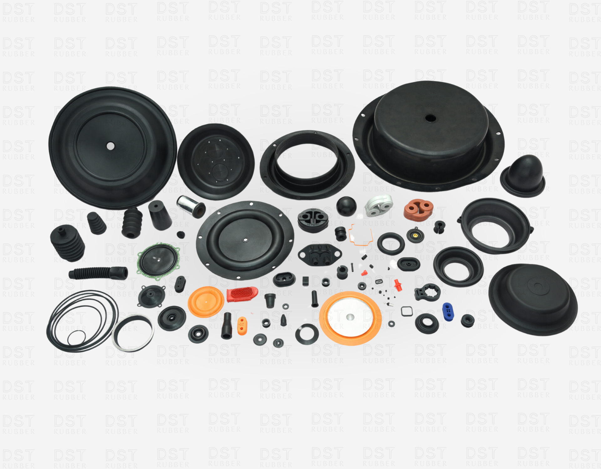 Custom rubber components for automotive, pharma, industrial, pneumatic, and oil & gas applications – including diaphragms, O-rings, seals, gaskets, bellows, and precision-molded parts by DST Rubber
