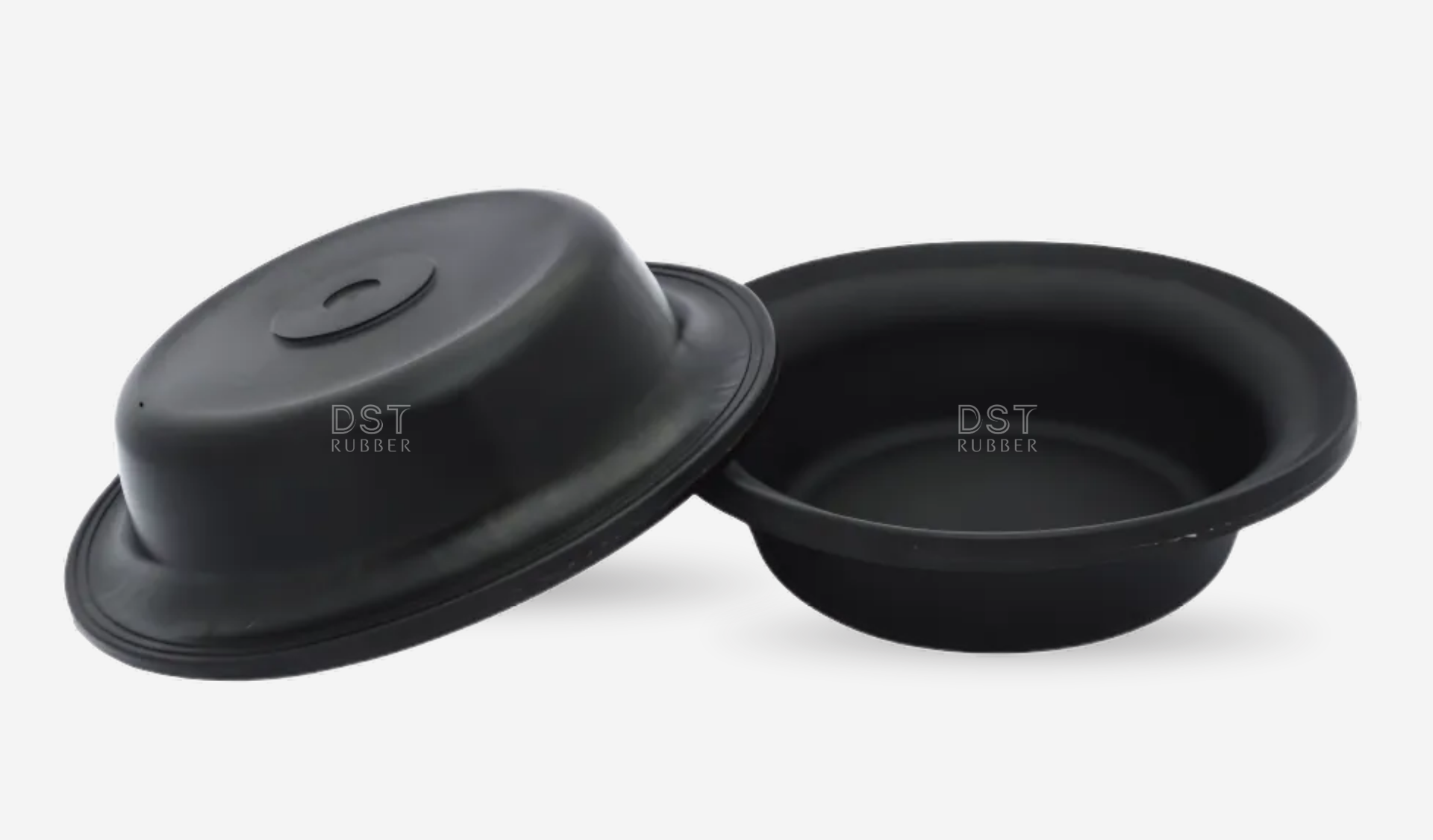 Industrial rubber diaphragm by DST Rubbers, designed for precision fluid control in pumps or valves. The product features the brand name 'DST RUBBER' prominently.