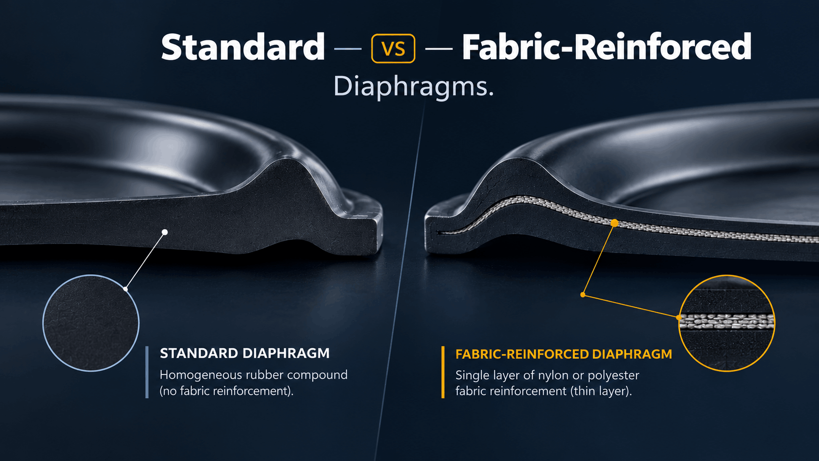 Comparison of standard and fabric-reinforced rubber diaphragms for different pressure, cycle life, and application requirements